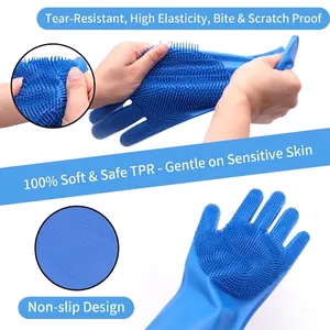 Guante de baño azul de silicona para mascotas con cerdas de masaje de material TPR.