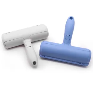 Two reusable pet hair remover rollers in white and blue for furniture and clothing