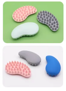 Detailed close-up views of soft silicone pet bath brushes in pink, gray and blue