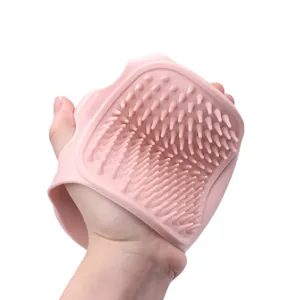Cepillo de baño de silicona rosa para mascotas y guante de masaje para perros gatos