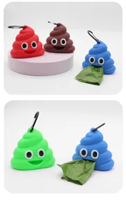 Detailed view of poop-shaped pet waste bag dispensers in red, blue, green and brown colors.