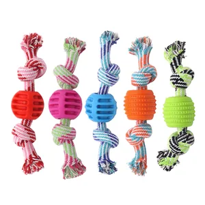 Durable Cotton Rope Rubber Ball Dog Chew Toy For Teeth Cleaning Interactive Training Pet Play Playtime Toy