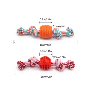 Durable dog cotton rope chew toy with textured rubber ball for pet dental health