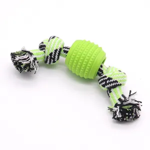 Professional durable dog rope chew toy with green rubber molar cylinder for pets