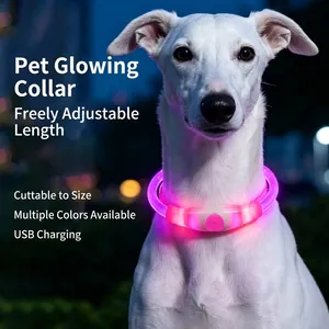 Waterproof LED rechargeable pet collar with adjustable glowing pink light for dogs safety