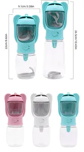 Bouteille de voyage 2-en-1 pour animaux avec dimensions et différentes couleurs