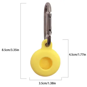 Funda de silicona amarilla para Apple AirTag con mosquetón y dimensiones