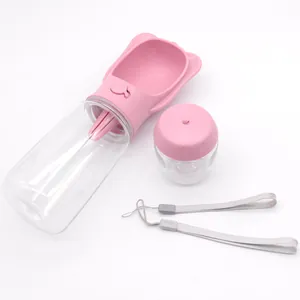 Bouteille d'eau et de nourriture 2-en-1 portable pour chiens et chats rose avec cordon