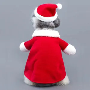 Back view of a pet Santa Claus costume with a red coat and festive white trim