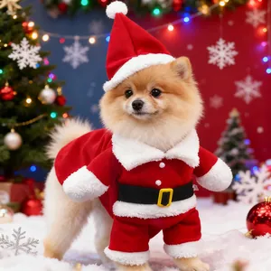 Festive Christmas Santa Claus pet costume for small dogs with hat and warm coat.