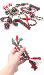 Detail of Christmas themed red green and white cotton rope chew toy for dogs