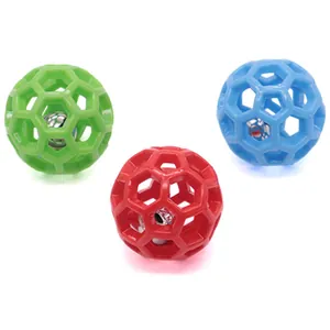 Set of three colorful lattice bell balls for dogs made of durable TPR material.