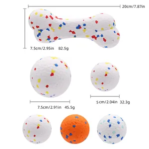 Durable ETPU popcorn ball and bone shaped dog toys with detailed size specifications