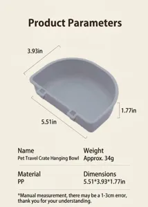 Close-up view showing dimensions and materials of the grey PP hanging pet bowl for crates.