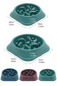 Detailed dimension guide for pet slow feeder bowls in various sizes and colors