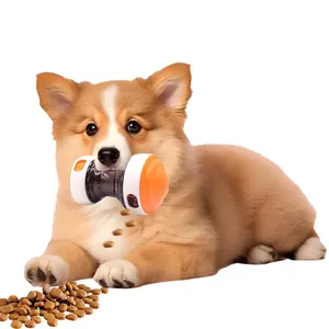Jouet interactif distributeur de nourriture pour chien avec chiot sur fond blanc.