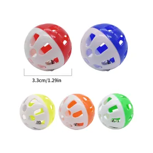 Colorful hollow plastic cat toy balls with bells inside, 3.3cm diameter