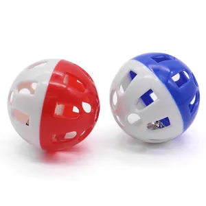 Set of two hollow cat toy bell balls in red-white and blue-white plastic