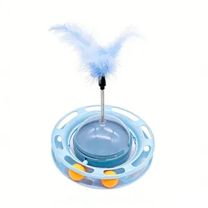 Jouet carrousel interactif bleu à 2 niveaux pour chat avec plume à ressort et balles