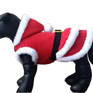 Cozy red and white Christmas Santa Claus dog costume with a plush hood and belt