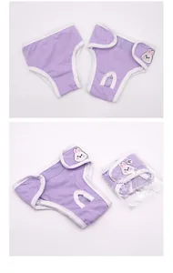 Pantalones fisiológicos morados para perro con parche de conejo y malla ventilada.