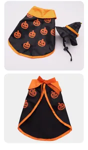 Vista de detalle de capa y sombrero de Halloween para mascotas con estampados de calabaza
