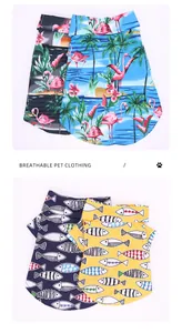 Detailed showcase of breathable dog beach shirts with tropical flamingo and fish prints.