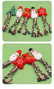 Detail showing festive Christmas-themed cotton rope braided dog chew toys in various shapes