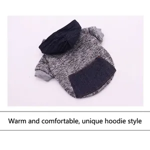 Gray and blue hooded pet sweatshirt for small dogs and cats with back pocket detail