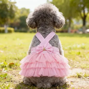 Cute Striped Pet Princess Dress With Bowknot And Multi-Layer Mesh Tutu Summer Breathable Dog Cat Apparel Pink Blue Red Clothing