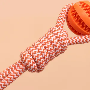 Giuoco da masticare per cani con corda intrecciata e palla arancione con punte morbide.
