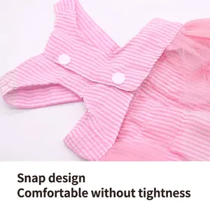 Pink striped pet princess dress with white snap buttons and soft tulle skirt detail