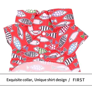 Vibrant red summer pet beach shirt with colorful fish pattern print for dogs and cats