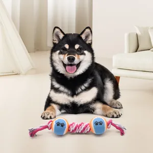 Durable cotton rope dog toy with tennis balls for interactive play and teeth cleaning.