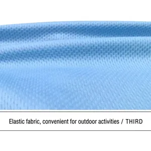 Close-up of light blue breathable elastic mesh fabric for summer pet polo shirt