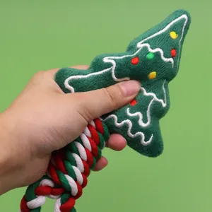 Festive Christmas tree squeaky dog toy with durable multi-colored braided cotton rope