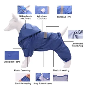 Chubasquero azul impermeable para perros de cuatro patas con tiras reflectantes y malla