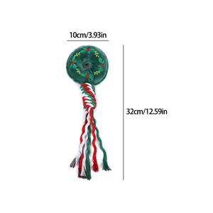Christmas themed cotton rope dog toy with green plush donut and size labels 32cm