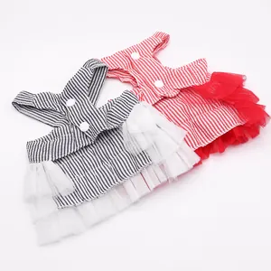 Adorable striped dog princess dresses with tiered mesh tutus for small pet summer wear