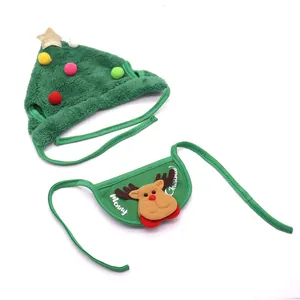Festive Christmas pet costume set including green plush tree hat and cute reindeer bib