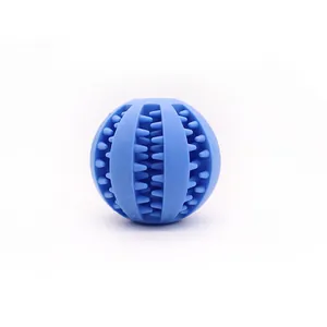 Durable blue rubber dog chew ball with teeth cleaning spikes for pet dental health