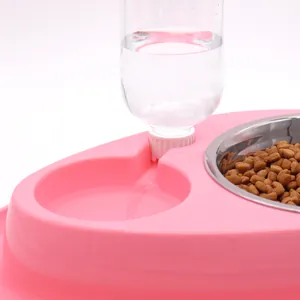 Automatische voer- en drinkbak voor huisdieren met roze basis en rvs bakje