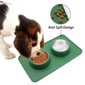 Huisdier Dubbele Kom Voerbak Roestvrij Staal Met Morsbestendige Antislip Siliconen Mat Voor Kleine Middelgrote Honden Katten
