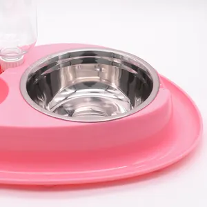 Automatische 2-in-1 roze voerbak en waterbak met roestvrijstalen kom voor huisdieren