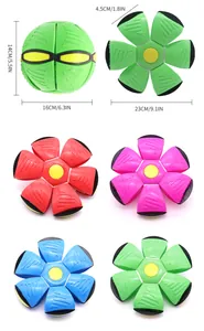 Detailed dimensions of deforming UFO ball dog toy in expanded and collapsed states