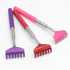Adjustable telescopic stainless steel back scratcher and cat rake tool in three vibrant colors