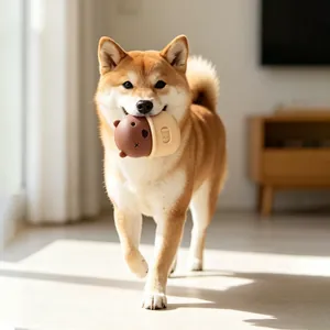 Chien Shiba Inu interactif jouant avec un jouet distributeur de croquettes ours à l'intérieur