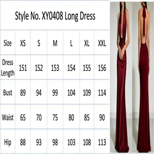 Size guide for elegant burgundy backless satin halter evening gown with deep V-neck