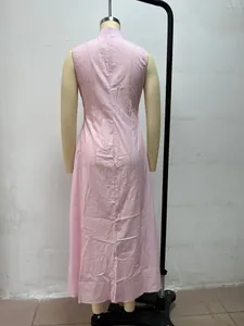 Detailed back view of a pink minimalist sleeveless maxi dress shown on a mannequin