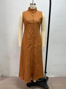 Minimalist burnt orange sleeveless maxi dress with a stand collar and button-up front design